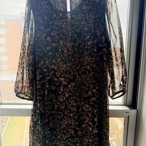 Calvin Klein Floral Sheer Sleeve Dress Black Brown Size 10